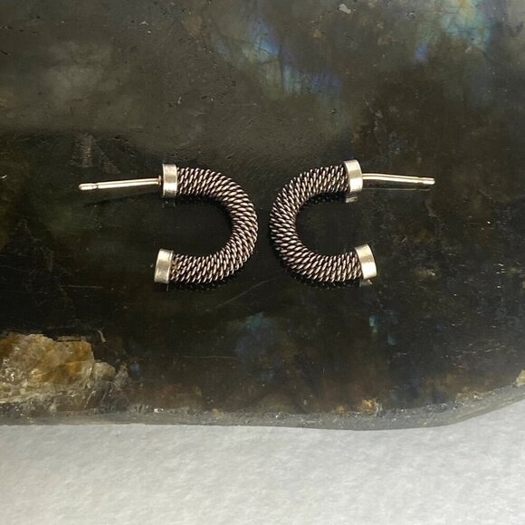 Oxidized Sterling Silver 925 Pap Twisted Braid Half Hoop Earrings 14K Gold Post - Picture 12 of 16